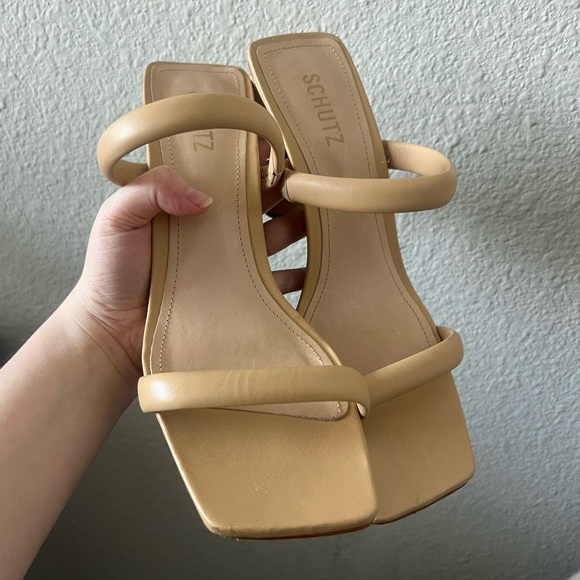 Schutz | Tan Minimalist Block Heel Sandals - Picture 6 of 7